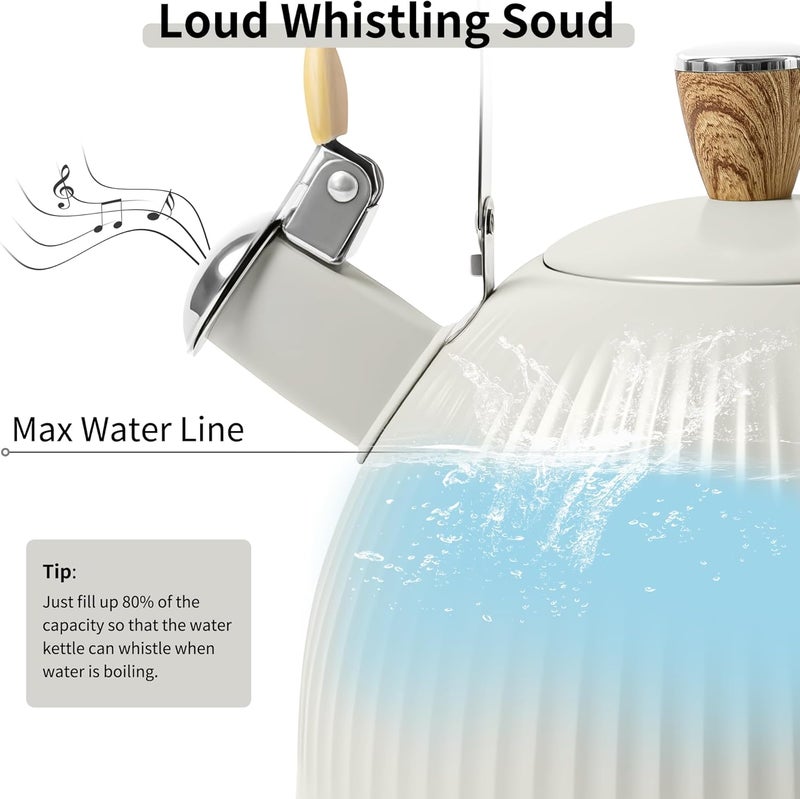 Lonffery Tea Kettle for Stove Top, 2.5 Quart Whistling Tea Kettle, Stainless Steel and Wood Pattern Folding Handle, Creamy White - Image 2